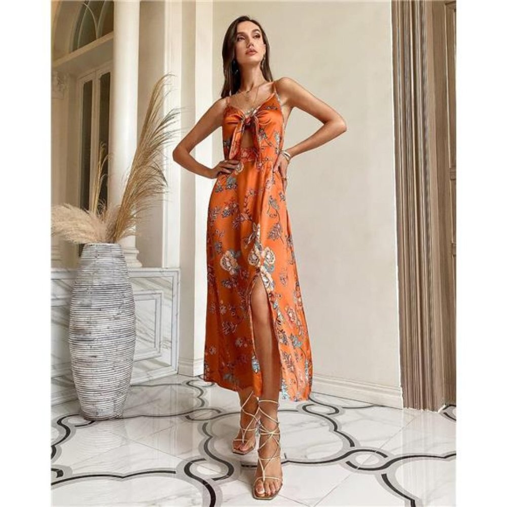 Orange Floral Print Satin Tie Front Cami A-Line Dress Flowy Midi Party Dress - Picture 2 of 6